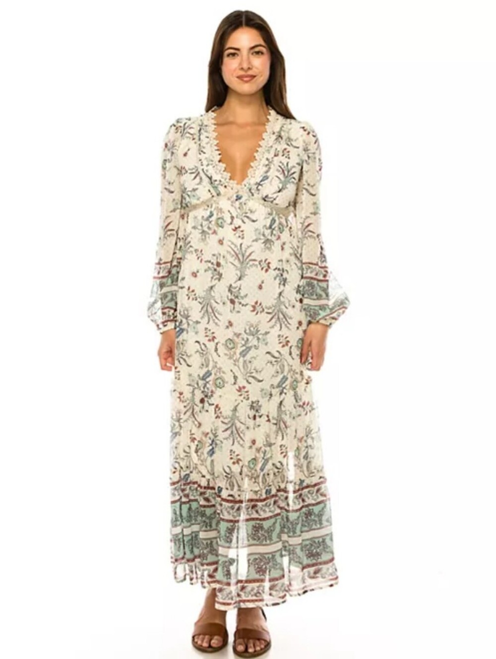 Bohemian Floral V-Neck Maxi Dress in Cream and Teal Chiffon & Lace Size Small